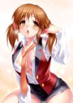  1girl breasts brown_eyes brown_hair chestnut_mouth cleavage idolmaster idolmaster_cinderella_girls large_breasts necktie open_clothes open_mouth open_shirt royale_style_(idolmaster) scrunchie shirt solo totoki_airi twintails zen 