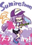  1girl aikatsu! baseball_cap bike_shorts copyright_name crossover glasses hat hikami_sumire inkling mizuki_maya one_eye_closed paint_splatter pointy_ears purple_hair solo splatoon squid super_soaker tentacle_hair violet_eyes water_gun 