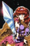  1girl alisa_landeel belt breasts brown_hair cape green_eyes hairband lipstick makeup phantasy_star phantasy_star_i sega solo space star_(sky) sword tagme weapon 