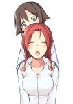  2girls brown_eyes brown_hair closed_eyes minna-dietlinde_wilcke miyafuji_yoshika momiji7728 multiple_girls open_mouth redhead shoulder_massage strike_witches 