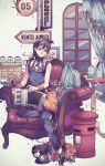  accordion black_hair blue_eyes chair character_name copyright_name cup curtains flower headband instrument jojo_no_kimyou_na_bouken narancia_ghirga phone pillow road_sign sign sitting table teacup teapot wenny02 window wristband 