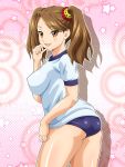  1girl ass breasts brown_eyes brown_hair buruma gundam gundam_build_fighters gundam_build_fighters_try gym_uniform haru_kanata highres sazaki_kaoruko short_hair smile solo star starry_background twintails 