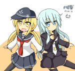  2girls anchor_symbol black_legwear black_serafuku black_skirt blonde_hair cosplay costume_switch crescent crescent_moon dated flat_cap goodsun_sunkumi hat hibiki_(kantai_collection) highres kantai_collection long_hair long_sleeves moon multiple_girls neckerchief necktie pantyhose pleated_skirt satsuki_(kantai_collection) school_uniform serafuku silver_hair skirt twintails 