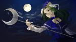  1girl capelet clouds facing_away full_moon green_eyes green_hair hat highres index_finger_raised long_hair long_sleeves mima moon night outdoors parted_lips pinky_out ribbon skirt skirt_set solo staff tamae_(pixiv40276) touhou touhou_(pc-98) wizard_hat 