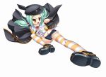  artist_request boots brown_eyes chinkyuu cutoffs denim denim_shorts flying_kick green_hair hair_bobbles hair_ornament hat jacket kicking koihime_musou long_hair navel open_mouth shirt short_shorts shorts simple_background striped striped_legwear thigh-highs twintails 