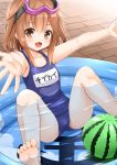  1girl ball brick_floor brown_eyes brown_hair fang food fruit fujishima_shinnosuke goggles goggles_on_head hair_ornament hairclip ikazuchi_(kantai_collection) kantai_collection open_mouth pool school_swimsuit short_hair solo swimsuit watermelon 