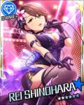  brown_hair character_name choker dress gloves green_eyes idolmaster idolmaster_cinderella_girls microphone shinohara_rei short_hair singing stars thigh-highs 