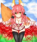  1girl animal_ears black_legwear bow bra breasts caster_(fate/extra) cleavage collarbone fate/extra fate_(series) fox_ears fox_tail hair_bow hair_ribbon highres jewelry large_breasts looking_at_viewer nail_polish necklace pink_bra pink_hair ribbon solo tail thigh-highs twintails underwear yellow_eyes 