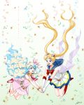 2girls :d belt bishoujo_senshi_sailor_moon blonde_hair blue_eyes blue_hair boots bow brooch choker crossover double_bun elbow_gloves floral_background gloves hair_ornament hairpin highres holding_hands ike_(eun2ke) jewelry knee_boots long_hair magical_girl multicolored_eyes multicolored_hair multiple_girls necktie nia_teppelin open_mouth pink_eyes pink_skirt pleated_skirt red_boots red_bow red_necktie red_shoes sailor_collar sailor_moon shoes skirt smile super_sailor_moon symbol-shaped_pupils tengen_toppa_gurren_lagann tsukino_usagi twintails two-tone_hair white_gloves white_hair 