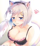  1girl animal_ears black_bra blue_eyes blush bra breasts cat_ears cat_tail cleavage gloves haguda_tofu_(hakudatofu) hair_ornament hairband hairclip hamakaze_(kantai_collection) hand_on_another&#039;s_head heart kantai_collection large_breasts paw_print short_hair silver_hair solo_focus tail underwear wavy_mouth 