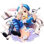  1girl :d alice_(wonderland) alice_in_wonderland animal_ears ass asymmetrical_legwear blue_legwear book breasts bunny_tail card dress hat highres long_hair mikeou no_panties open_mouth playing_card rabbit_ears red_eyes smile striped striped_legwear tagme tail thigh-highs white_hair wrist_cuffs 