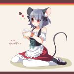  1girl alternate_costume animal_ears bare_shoulders blush bracelet cup dated dress grey_hair highres jewelry kozakura_(dictionary) mouse_ears mouse_tail nazrin pantyhose red_eyes short_hair solo tail touhou white_legwear 