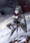  1girl animal_ears breasts cangkong cape cat_ears cat_tail cleavage flail grey_eyes highres scabbard sheath shield snow snowing solo tail thigh-highs thigh_strap weapon 