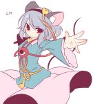  1girl animal_ears blush cosplay dated grey_hair hairband heart highres komeiji_satori komeiji_satori_(cosplay) kozakura_(dictionary) mouse_ears mouse_tail nazrin outstretched_arms red_eyes short_hair simple_background skirt solo tail third_eye touhou white_background 