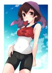  1girl abenattou bike_shorts brown_eyes brown_hair caesar_(girls_und_panzer) clouds cloudy_sky girls_und_panzer looking_at_viewer mouth_hold popsicle shirt short_hair sky sleeveless sleeveless_shirt solo standing towel towel_on_head watermelon_bar 