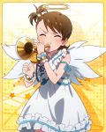  &gt;_&lt; 1girl angel_wings brown_hair dress futami_ami horn idolmaster idolmaster_million_live! official_art short_hair side_ponytail solo wings 
