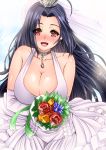  1girl bare_shoulders black_hair blush bouquet breasts bridal_veil bride choker cleavage collarbone dress earrings elbow_gloves flower gloves hair_ornament idolmaster idolmaster_million_live! jewelry large_breasts long_hair looking_at_viewer marukome01 miura_azusa open_mouth pendant pink_eyes sleeveless sleeveless_dress smile solo upper_body veil very_long_hair wedding_dress white_gloves 