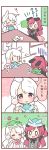  0_0 2girls 4koma \o/ ^_^ animal_ears arms_up bunny_hair_ornament closed_eyes comic cushion detached_sleeves hair_ornament half_updo multiple_girls origami original outstretched_arms paper_hat paper_kabuto rabbit_ears redhead table translation_request twintails ususa70 violet_eyes white_hair |_| 