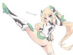  1girl angela_balzac ass blonde_hair blue_eyes elbow_gloves gloves leg_up leotard lo_xueming long_hair looking_at_viewer low_twintails open_mouth rakuen_tsuihou simple_background solo twintails white_background 