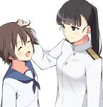  2girls black_hair brown_eyes closed_eyes hand_on_another&#039;s_head military military_uniform miyafuji_yoshika momiji7728 multiple_girls no_eyepatch open_mouth ponytail sakamoto_mio smile strike_witches uniform 