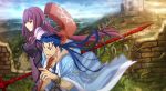  1boy 1girl aora bodysuit cape castle cu_chulainn_(fate/grand_order) fate/grand_order fate_(series) lancer lancer_(fate/grand_order) long_hair polearm ponytail purple_hair red_eyes scenery spear staff very_long_hair weapon 