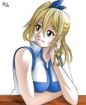  1girl blonde_hair breasts brown_eyes chin_rest fairy_tail hair_ribbon impossible_clothes israel_de_oliveira jewelry large_breasts long_hair lucy_heartfilia one_side_up parted_lips pendant ribbon smile solo upper_body 