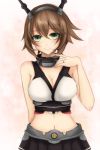  1girl bare_shoulders breasts brown_hair cleavage gloves green_eyes headband headgear jewelry kantai_collection kirbyffcc large_breasts looking_at_viewer midriff mutsu_(kantai_collection) pink_background ring short_hair skirt smile solo upper_body 