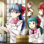  5girls amagi_(kantai_collection) apron blue_eyes blue_hair blush_stickers bowl brown_eyes brown_hair closed_eyes cooking flower flying_sweatdrops green_eyes hair_bobbles hair_flower hair_ornament hairclip horie_yui houshou_(kantai_collection) irako_(kantai_collection) kantai_collection long_sleeves mamiya_(kantai_collection) multiple_girls open_mouth ponytail pot ray83222 smile sparkle wooden_bucket 