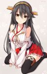  1girl bare_shoulders black_hair blush boots brown_eyes cherry_blossoms detached_sleeves hair_ornament hairband hairclip haruna_(kantai_collection) japanese_clothes kantai_collection long_hair nikkunemu nontraditional_miko remodel_(kantai_collection) skirt solo thigh-highs thigh_boots 
