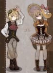  2girls :o ;) alternate_costume blonde_hair blue_eyes bob_cut boots bow breasts brown_boots cleavage cross-laced_footwear erica_hartmann frills full_body glasses goggles goggles_on_head hand_on_headwear hand_on_hip hat hat_bow ika_(hinatu1992) lace-up_boots long_sleeves military military_uniform multiple_girls one_eye_closed open_mouth pants pantyhose puffy_long_sleeves puffy_sleeves short_hair siblings silver_legwear sisters skirt skirt_lift smile standing steampunk strike_witches striped striped_skirt twins uniform ursula_hartmann 
