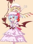 2girls bat_wings blue_hair brooch carrying closed_eyes facing_away fang flandre_scarlet frilled_legwear hat hat_ribbon highres jewelry laevatein layered_dress mary_janes mob_cap multiple_girls oninamako open_mouth outstretched_arms pink_background puffy_short_sleeves puffy_sleeves red_eyes remilia_scarlet ribbon shoes short_hair short_sleeves shoulder_carry siblings simple_background sisters skirt skirt_set spread_arms touhou tube_socks white_legwear wings 