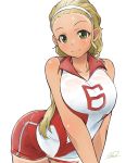  1girl blonde_hair girls_und_panzer green_eyes highres long_hair sasaki_akebi solokov_(okb-999) sportswear tan tanline volleyball_uniform 
