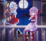  2girls asymmetrical_hair back barefoot bat_wings blonde_hair crystal finger_to_mouth flandre_scarlet frills full_body full_moon hat hat_ribbon indoors lavender_hair looking_at_viewer mary_janes mob_cap moon multiple_girls night night_sky nr_(cmnrr) profile puffy_sleeves red_eyes remilia_scarlet ribbon sash shirt shoes short_hair short_sleeves siblings side_ponytail sisters sitting skirt skirt_set sky smile star_(sky) touhou window wings wrist_cuffs 