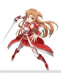  1girl asuna_(sao) brown_eyes brown_hair detached_sleeves holding holding_sword holding_weapon long_hair simple_background solo sword sword_art_online sword_art_online:_code_register thigh-highs watermark weapon white_background 