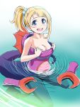  1girl :d bare_shoulders blonde_hair blue_eyes blush breasts character_request claws cleavage costume gloves_removed highres looking_at_viewer open_mouth pantyhose partially_submerged ponytail robot_girls_z scrunchie smile solo swimming water wet zouni_(xavier) 