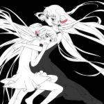  2girls black_background chii chobits dress floating_hair freya greyscale long_hair lowres mimana monochrome multiple_girls no_mouth short_dress spot_color very_long_hair 