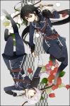  2boys ahoge black_hair flower fumio_(kanmi) gloves honebami_toushirou male_focus military military_uniform multiple_boys namazuo_toushirou necktie ponytail rotational_symmetry smile sode sword touken_ranbu uniform violet_eyes wakizashi weapon white_gloves white_hair yagasuri 