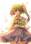  1girl ascot backlighting bloomers blue_dress bouquet daiyousei dress flower green_eyes green_hair hair_ribbon looking_at_viewer puffy_sleeves ribbon shirt side_ponytail smile solo touhou underwear yetworldview_kaze 