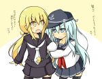  2girls anchor_symbol black_legwear black_serafuku black_skirt blonde_hair blue_eyes commentary_request crescent crescent_moon flat_cap goodsun_sunkumi hair_between_eyes hat hibiki_(kantai_collection) highres kantai_collection long_hair long_sleeves moon multiple_girls neckerchief necktie pleated_skirt satsuki_(kantai_collection) school_uniform serafuku silver_hair skirt tears translation_request wavy_mouth yellow_eyes 