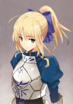  1girl alternate_hairstyle armor blonde_hair bow brown_background fate/stay_night fate_(series) gabiran gradient gradient_background green_eyes hair_bow saber short_hair solo 