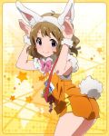  1girl ahoge animal_ears ass bangs blue_eyes blush border bow bowtie brown_hair bunny_pose bunny_tail capelet cowboy_shot fake_animal_ears fake_tail fur_trim glint hairband hands_up idolmaster idolmaster_million_live! kemonomimi_mode leaning_forward light_smile looking_at_viewer looking_back name_tag official_art orange_background parted_bangs paw_pose rabbit_ears shadow short_hair short_shorts shorts single_vertical_stripe small_breasts smile solo sportswear standing star starry_background suou_momoko tail tank_top tasuki track_and_field wristband 
