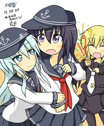  3girls :d ^_^ akatsuki_(kantai_collection) anchor_symbol black_hair black_legwear black_skirt blonde_hair blue_eyes closed_eyes crescent crescent_moon flat_cap goodsun_sunkumi hat hibiki_(kantai_collection) highres kantai_collection long_hair long_sleeves moon multiple_girls neckerchief necktie open_mouth pantyhose pleated_skirt satsuki_(kantai_collection) silver_hair skirt smile twintails yellow_eyes 