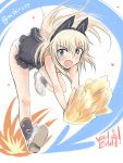  1girl animal_ear_bow animal_ears bent_over blonde_hair blue_eyes blush bow cheerleader heart helma_lennartz highres long_hair looking_at_viewer mishiro_shinza open_mouth panties pom_poms skirt solo strike_witches underwear white_panties 