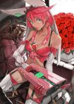  bare_shoulders bouquet braid breasts cleavage elbow_gloves elphelt_valentine flower gloves green_eyes guilty_gear guilty_gear_xrd gun high_heels kneeling mouth_hold pink_hair rose shouga_(khaki9434) thighs weapon 