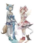  2girls animal_ears armband blue_eyes blue_hair bow bow_(weapon) cape cat cat_ears dog_ears dog_tail gloves gmork hair_bow kaname_madoka mahou_shoujo_madoka_magica mahou_shoujo_madoka_magica_online miki_sayaka multiple_girls pink_eyes pink_hair short_twintails skirt smile soul_gem sword tail thigh-highs twintails weapon wings zettai_ryouiki 