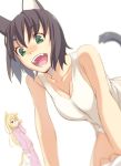  2girls animal_ears blonde_hair blue_eyes blurry brown_hair cat_ears cat_tail green_eyes kimura_(ykimu) multiple_girls one_eye_closed open_mouth original short_hair tail 