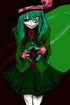  athisu blood blood_on_face blood_on_hands bloody_clothes bloody_tears crazy_eyes green_hair hair hat hat_ribbon heart heterochromia highres komeiji_koishi multicolored_eyes pleated_skirt ribbon shirt short skirt smile third_eye touhou 