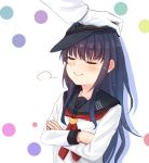  1boy 1girl admiral_(kantai_collection) akatsuki_(kantai_collection) anchor_symbol black_hair closed_eyes closed_mouth crossed_arms flat_cap hat kantai_collection long_hair long_sleeves neckerchief out_of_frame petting qunqing remodel_(kantai_collection) simple_background smile upper_body 
