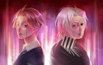  2boys ahoge brown_hair dual_persona formal heterochromia highres multiple_boys necktie short_hair spoilers suit takizawa_seidou tokyo_ghoul tokyo_ghoul:re turtleneck upper_body white_hair 