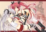  2girls ahoge blush cthugha_(nyaruko-san) green_eyes haiyore!_nyaruko-san highres huge_ahoge long_hair looking_at_viewer microphone multiple_girls nyarlathotep_(nyaruko-san) obiwan red_eyes redhead silver_hair striped striped_legwear thigh-highs twintails 